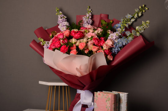 Blue and red flowers bouquet