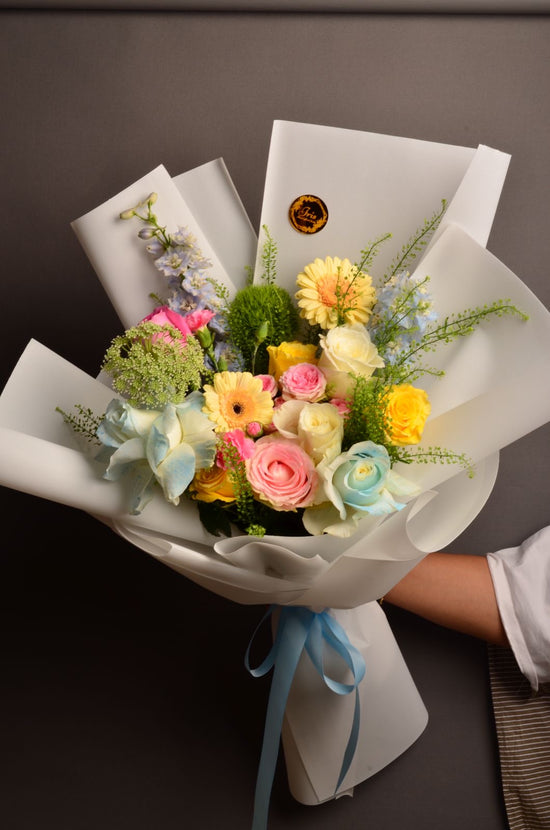 Yellow and blue flowers bouquet
