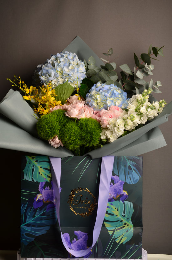 Blue and green luxury flowers bouquet