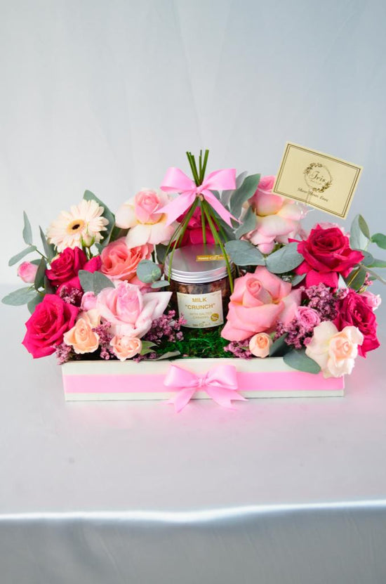 Pink flowers tray with chocolate