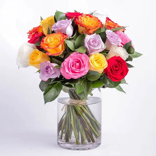 Orange, white, yellow, purple and pink rose vase