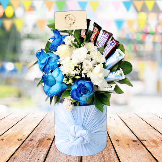Blue and white fabric flowers box