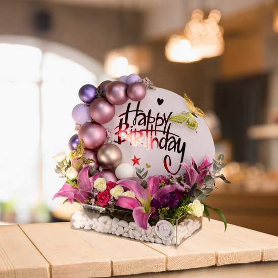 Acrylic Birthday flowers and balloon purple tray