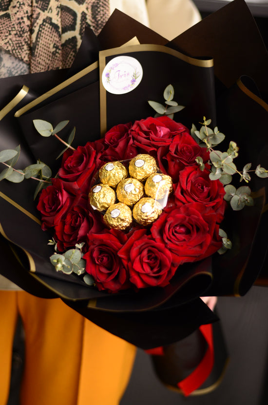 red rose with Ferrero bouquet