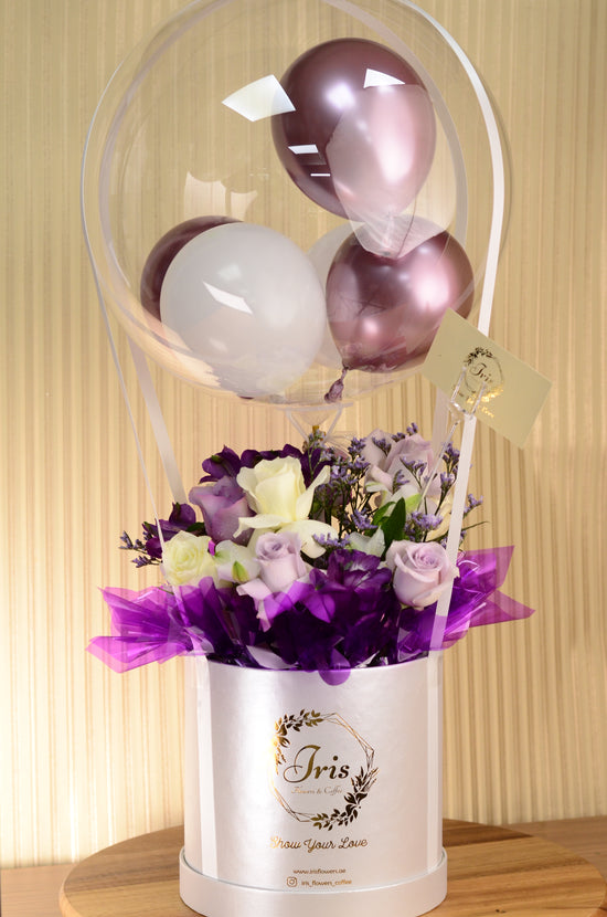 Purple and White flowers box with Balloon