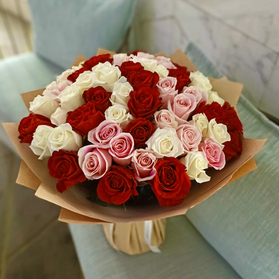 red, white and pink rose bouquet