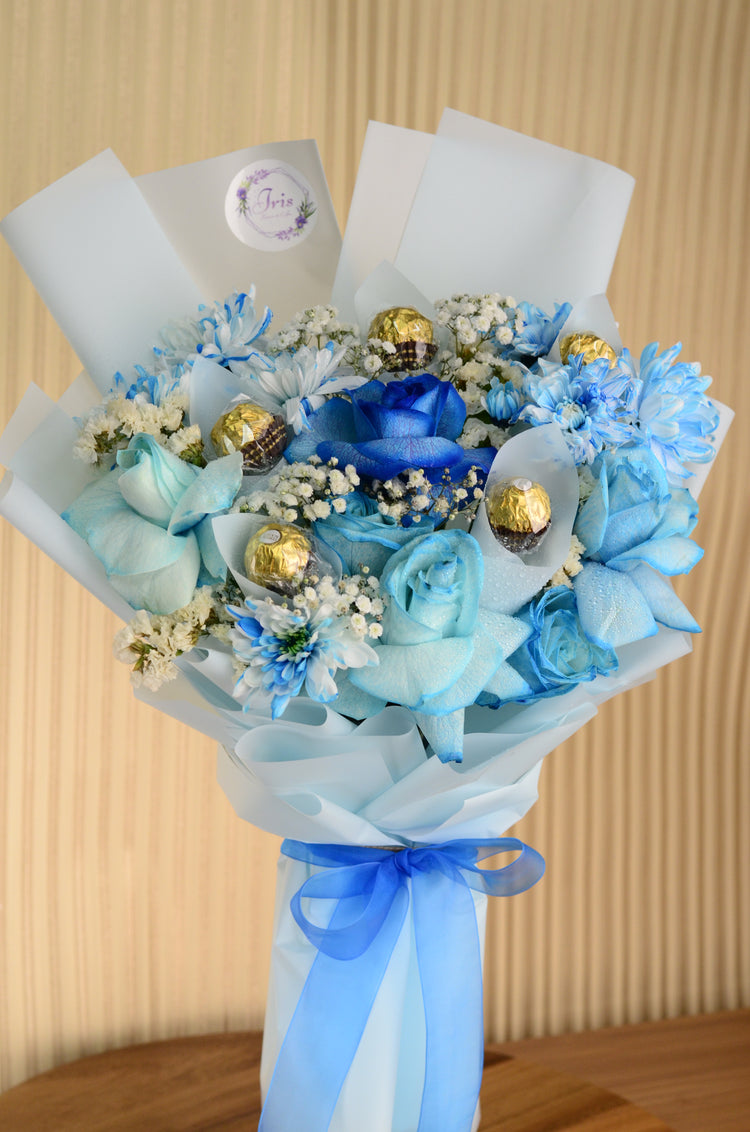 Send Iris Fresh Blue Flower & Chocolate Bouquet in UAE