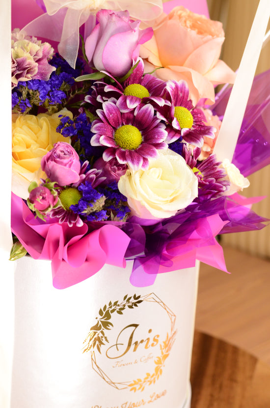 Purple Flowers with balloon box