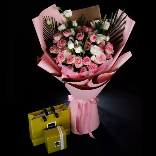 pink spray roses Bouquet with chocolate