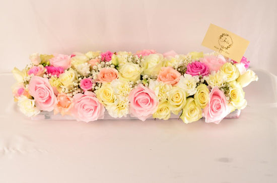 Pink and white flowers tray center piece