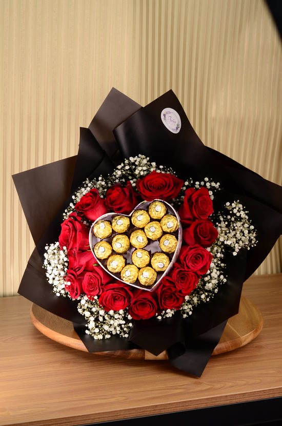 red roses with Ferrero Bouquet