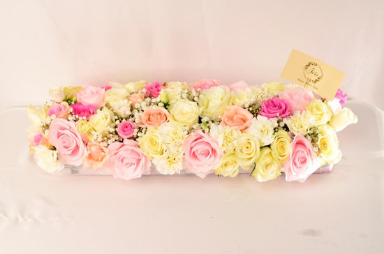 Pink and white flowers tray center piece