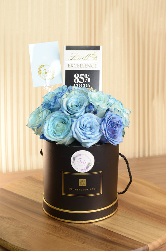 Shop Iris Blue Flowers & Chocolate Box in UAE - Iris Flowers