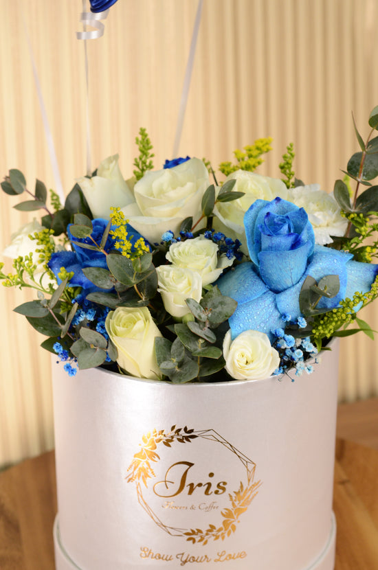 Iris Blue and White Flower Box with Balloons - Iris Flowers UAE