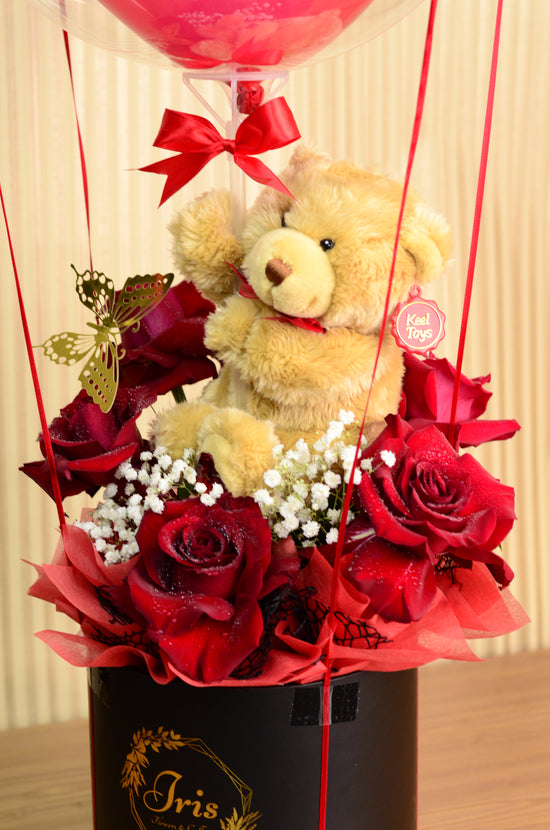 red rose, teddy bear box
